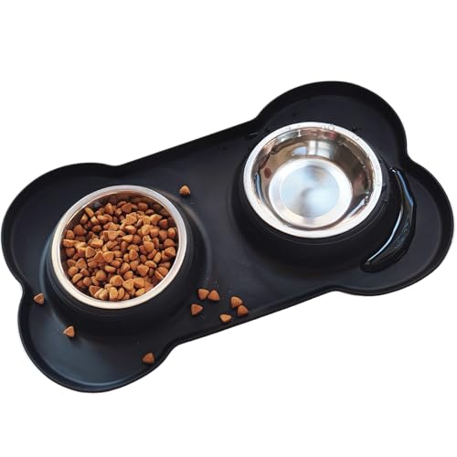 AKEISHE Katzennäpfe aus Edelstahl, für Wasser- und Futterspender für Haustiere, auslaufsicher, rutschfeste Silikonmatte für Haustiere, Welpen, kleine, mittelgroße Katzen, 2 Stück von AKEISHE