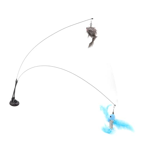 AKLOSIPY Saugbecher -Katzen -Federstab Spielzeug, Doppeltes Ende, Austauschbar, Interaktiv, mit Abnehmbarem Stahldraht (Blauer Fliegender Fisch und graue Maus) von AKLOSIPY