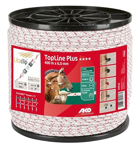 AKO Weidezaunseil Topline Plus (weiß/rot, 400 m Länge, 6 mm breit, Tierzaun, Zubehör Weidetiere, Tierzubehör) 449540 von AKO Fencing