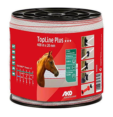 Topline Plus Weidezaunband, 20mm, weiß/rot - 400m - Widerstand: 0,37 Ohm, sehr Gute Leitfähigkeit für alle Zaunanlagen - Anzahl Leiter: 5X TriCOND - universell einsetzbar von AKO