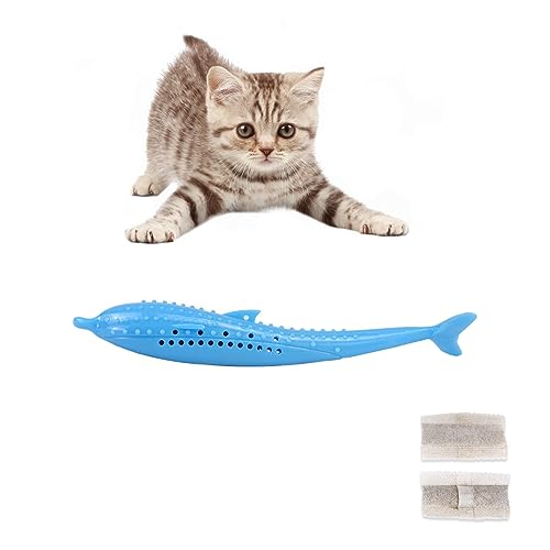 Akoak 1 Packung Haustier-Zahnbürste mit Katzenminzspielzeug, umweltfreundlich, Silikon-Gel-Zähne, Schleifstift, Reinigung von Katzenzähnen Spielzeug, blau von AKOAK