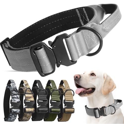 AKOFIC Taktisches Halsband Hund, Breites Hundehalsband Gepolstert mit Griff, Verstellbar Robuster Dog Collar aus Nylon mit Metallschnalle für Kleine Mittlere Große Hunde (Grau, L) von AKOFIC