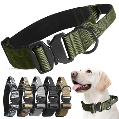 AKOFIC Taktisches Halsband Hund, Breites Hundehalsband Gepolstert mit Griff, Verstellbar Robuster Dog Collar aus Nylon mit Metallschnalle für Kleine Mittlere Große Hunde (Grün, L) von AKOFIC