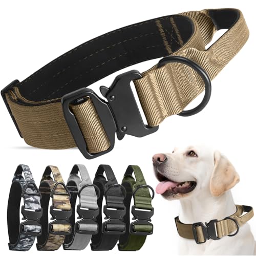 AKOFIC Taktisches Halsband Hund, Breites Hundehalsband Gepolstert mit Griff, Verstellbar Robuster Dog Collar aus Nylon mit Metallschnalle für Kleine Mittlere Große Hunde (Khaki, L) von AKOFIC