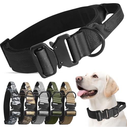 AKOFIC Taktisches Halsband Hund, Breites Hundehalsband Gepolstert mit Griff, Verstellbar Robuster Dog Collar aus Nylon mit Metallschnalle für Kleine Mittlere Große Hunde (Schwarz, L) von AKOFIC