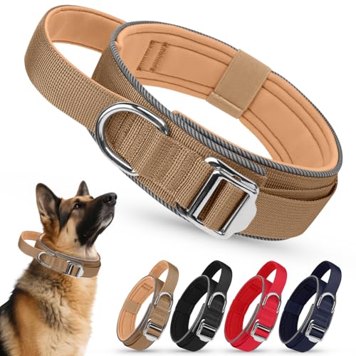 AKOFIC Taktisches Hundehalsband Reflektierend mit Griff, Breites Halsband Hund Gepolstert aus Nylon, Verstellbar Robuster Dog Collar mit Metallschnalle für Kleine Große Hunde (Khaki, XL) von AKOFIC