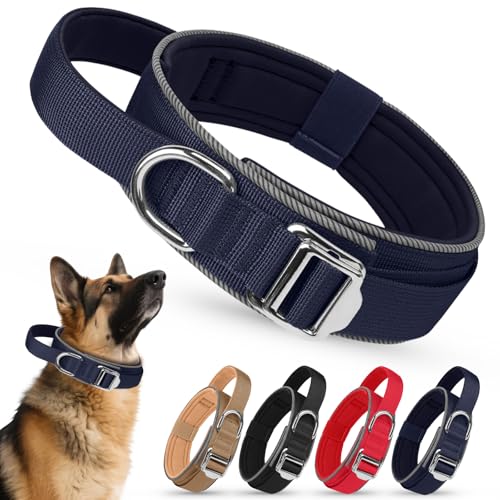 AKOFIC Taktisches Hundehalsband Reflektierend mit Griff, Breites Halsband Hund Gepolstert aus Nylon, Verstellbar Robuster Dog Collar mit Metallschnalle für Kleine Große Hunde (Marineblau, M) von AKOFIC