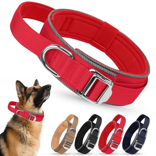 AKOFIC Taktisches Hundehalsband Reflektierend mit Griff, Breites Halsband Hund Gepolstert aus Nylon, Verstellbar Robuster Dog Collar mit Metallschnalle für Kleine Große Hunde (Rot, XL) von AKOFIC