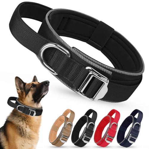 AKOFIC Taktisches Hundehalsband Reflektierend mit Griff, Breites Halsband Hund Gepolstert aus Nylon, Verstellbar Robuster Dog Collar mit Metallschnalle für Kleine Große Hunde (Schwarz, XL) von AKOFIC
