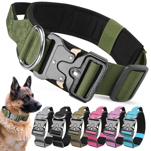 AKOFIC Taktisches Hundehalsband mit Griff, Breites Halsband Hund Gepolstert aus Nylon, Verstellbar Robuster Dog Collar mit Metallschnalle für Mittlere Große Hunde (Armeegrün, M) von AKOFIC