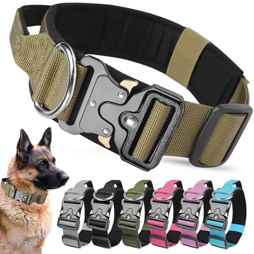 AKOFIC Taktisches Hundehalsband mit Griff, Breites Halsband Hund Gepolstert aus Nylon, Verstellbar Robuster Dog Collar mit Metallschnalle für Mittlere Große Hunde (Dunkelkhaki, M) von AKOFIC