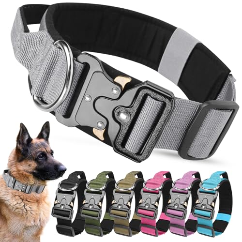 AKOFIC Taktisches Hundehalsband mit Griff, Breites Halsband Hund Gepolstert aus Nylon, Verstellbar Robuster Dog Collar mit Metallschnalle für Mittlere Große Hunde (Grau, L) von AKOFIC