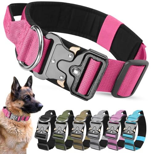 AKOFIC Taktisches Hundehalsband mit Griff, Breites Halsband Hund Gepolstert aus Nylon, Verstellbar Robuster Dog Collar mit Metallschnalle für Mittlere Große Hunde (Rosarot, M) von AKOFIC