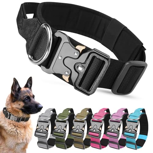 AKOFIC Taktisches Hundehalsband mit Griff, Breites Halsband Hund Gepolstert aus Nylon, Verstellbar Robuster Dog Collar mit Metallschnalle für Mittlere Große Hunde (Schwarz, M) von AKOFIC
