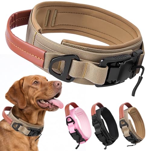 AKOFIC Taktisches Hundehalsband mit Leder Griff und Magnetische Metallschnalle, Breites Halsband Hund Gepolstert aus Nylon, Verstellbar Dog Collar für Mittlere und Große Hunde (Khaki, M) von AKOFIC