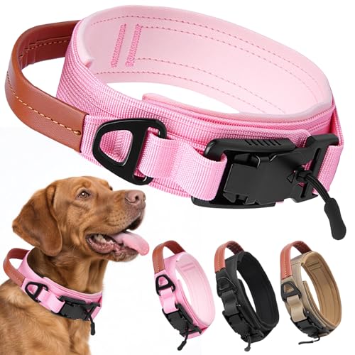 AKOFIC Taktisches Hundehalsband mit Leder Griff und Magnetische Metallschnalle, Breites Halsband Hund Gepolstert aus Nylon, Verstellbar Dog Collar für Mittlere und Große Hunde (Rosa, L) von AKOFIC