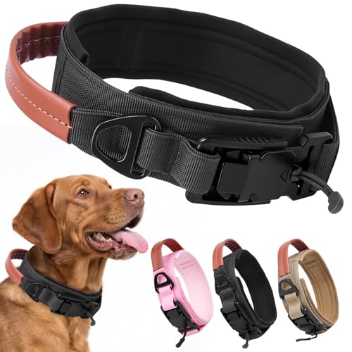 AKOFIC Taktisches Hundehalsband mit Leder Griff und Magnetische Metallschnalle, Breites Halsband Hund Gepolstert aus Nylon, Verstellbar Dog Collar für Mittlere und Große Hunde (Schwarz, L) von AKOFIC