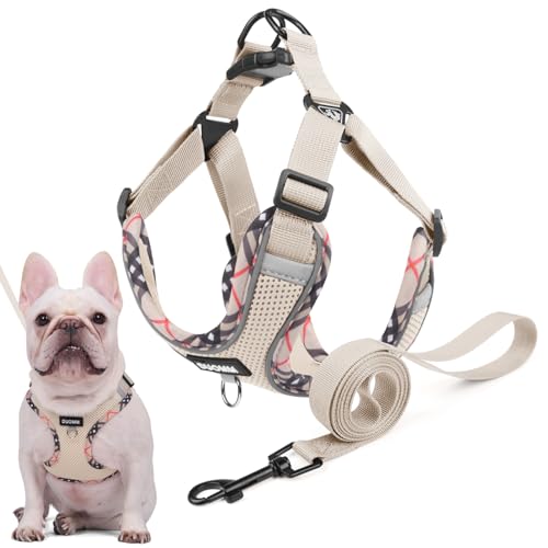 Hundegeschirr für Kleine Mittelgroße Hunde, Anti Zug Reflektierend Welpengeschirr mit Leine, Verstellbar Air Mesh Atmungsaktiv Brustgeschirr für Hunde Gassigehen, Training und Reisen (Beige, M) von AKOFIC