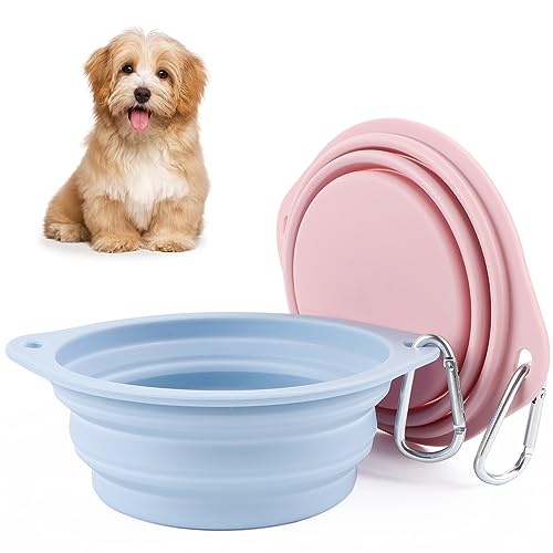 2 Stück Faltbare Reiseschale Auslaufsichere Hundenapf Faltbar aus Silikon Wassernapf für Hunde Unterwegs und Haustiere für Wasser und Futter（Rosa, Blau） von AKONE