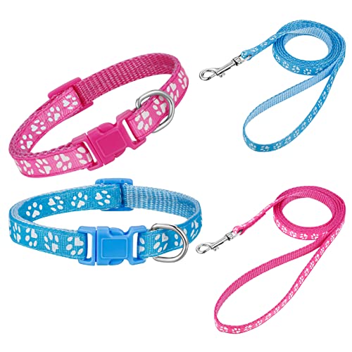 AKlamater 2 Pack Dog Collar and Lead Set, Puppy Collar and Lead Set Quick Release Buckle Adjustable Paw Print Puppy Collar Soft Nylon Pet Collar for Puppy Small Medium Dogs von AKlamater