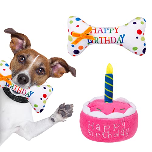 AKlamater Pet Dog Geburtstagskuchen & Geburtstagsknochen mit Quietschelement, weiches Plüschtier – Celebrate Your Dog's Happy Birthday (Rosa) von AKlamater
