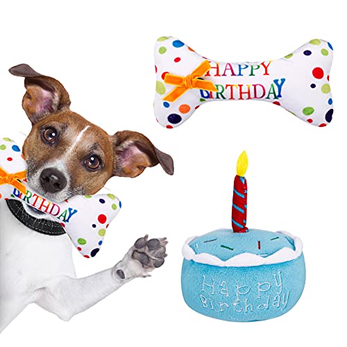 AKlamater Pet Dog Geburtstagstorte & Geburtstagsknochen, quietschend, weiches Plüschspielzeug, Feiern Sie den Happy Birthday Ihres Hundes (blau) von AKlamater