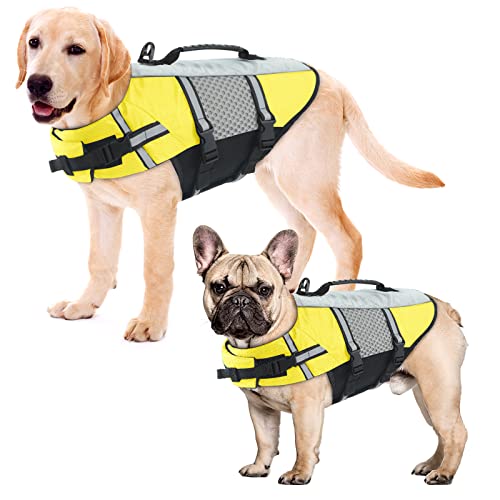 ALAGIRLS Hund Rettungsweste Haustier Sicherheitsweste, Hoher Auftrieb Medium Large Dog Life Presenter mit Starkem Rettungsgriff für Schwimmen Boot Surfen ALADLJ002 Yellow XS von ALAGIRLS