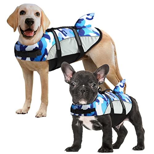 ALAGIRLS Hund Schwimmweste, Robust Auftrieb Schwimmhilfe Rettungswesten mit Griff, Reflektierende & Verstellbar Hundeschwimmweste für Schwimmen ALADLJ001 BlueCamo XL von ALAGIRLS