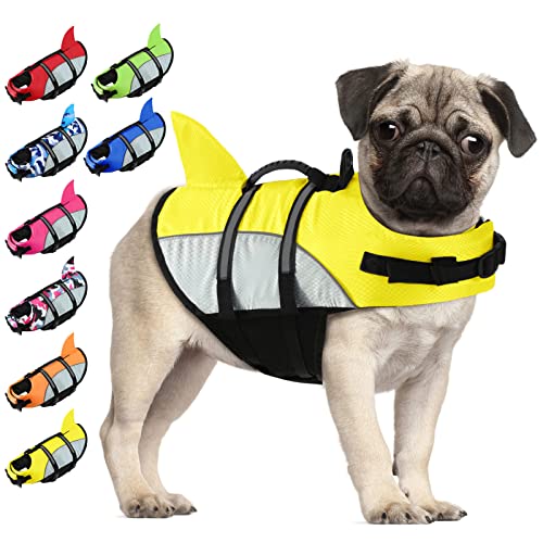 ALAGIRLS Hunde Schwimmweste Float Coat Wassersport Schwimmhilfe Rettungsweste für Hunde Haustier mit Griff und Reflektoren ALADLJ001 Yellow S von ALAGIRLS