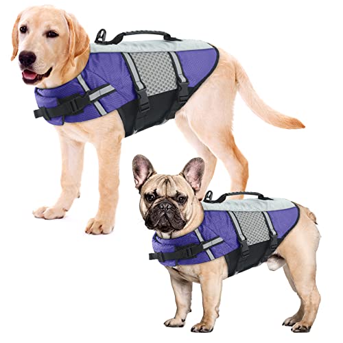 ALAGIRLS Hunderettungsweste, Leichte Hunderettungsweste mit Reflektierenden Streifen, Sicherheits-Badeanzug Katze Rettungsweste Rettungsgriff für Kleine Mittlere Hunde ALADLJ002 Purple XL von ALAGIRLS