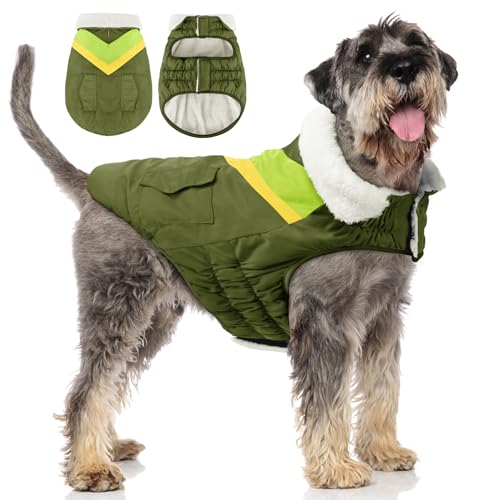 Hundemantel Hundejacke für Große Hunde Warme Hoher Kragen Baumwolle Winterhundemäntel mit Klettverschluss ALADC1104-ArmyGreen-L von ALAGIRLS