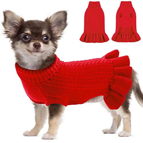 Hundepullover Kleid mit Rollkragen, Winter Warme Hunde Pullis Mantel Jacke Weste, Klassischer Hunde Pullover Kleid, Haustier Hund Katze Kleidung Welpen Kleidung für Mittelgroße Hunde, Red XXL von ALAGIRLS