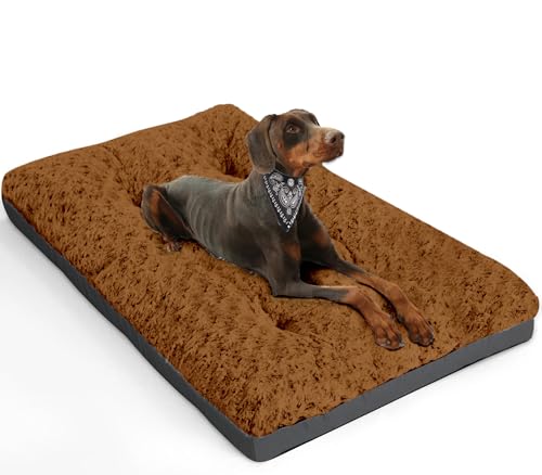 ALANMOND Hundebett Grosse Hunde, Hundekissen flauschig Hundematte mittelgroße Hunde, Waschbar Hundekorb wasserdicht rutschfeste, atmungsaktiv, Haustierbett Hundematratze Braun 91x58 cm von ALANMOND