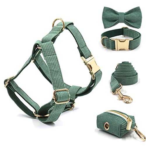 ALEjon personalisiertes dunkelgrünes Hundegeschirr-Set mit Goldener Schnalle, passendem Schleifenhalsband, Leine und Kotbeutel – ideal für mittelgroße männliche Welpen von ALEjon