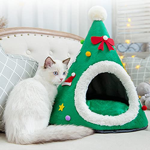 Gemütliches Katzenbett mit Weihnachtsbaummotiv: Perfekt für kleine und mittelgroße Haustiere, Katzen und Hunde. Weiches Schlafsackkissen und Katzenhaus für den Innenbereich von ALEjon