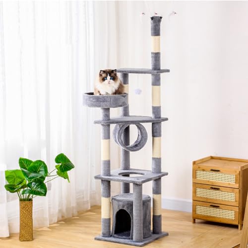 Interaktiver Katzenbaum: 182 cm große, mehrstöckige Katzenwohnung mit Kratzbaum, Sitzstange und Spielzeug – idealer Innen-Katzenturm für Kätzchen und Erwachsene Katzen von ALEjon