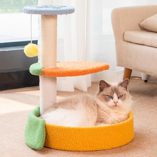 Orangefarbener Katzenturm: Deluxe-Bett, Sisalpfosten, Kratzbrett, Plüschsitzstange und Hängeball für Kätzchen von ALEjon