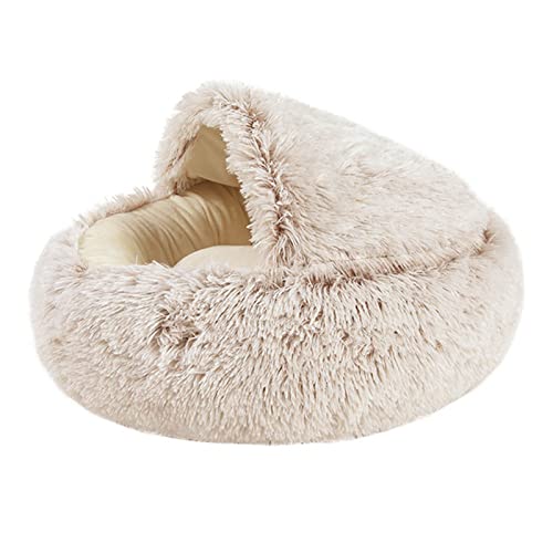 Rundes Plüsch-Katzenbett – Gemütliches Haus für Katzen und kleine Hunde – Weiches und warmes Haustiernest – 2-in-1-Bett und Kissen – Beige – Kleine Größe von ALEjon