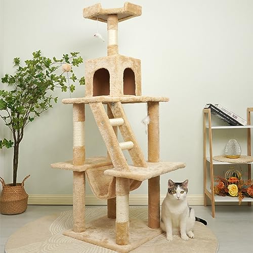 Ultimatives Katzenparadies: 143 cm hohes Aktivitätscenter mit Haus, Hängematte, 3 Sisalpfosten, Leiter und Ruheplatz von ALEjon