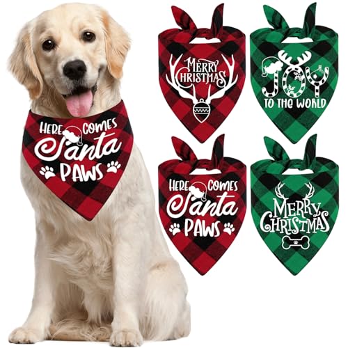 ALI2 4 Stück Weihnachten Hund Bandanas Xmas Hund Bandana Classic Plaid Haustier Schal Lätzchen Halstuch Geschenkset Haustier Urlaub Zubehör Dekoration für kleine, mittelgroße und große Welpen Hunde von ALI2