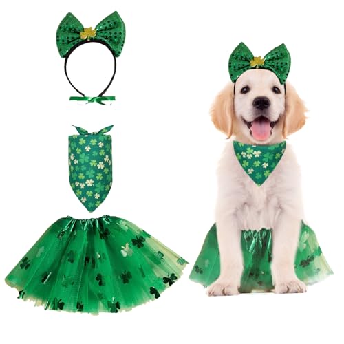 ALI2 St. Patrick's Day Hundekostüm, St. Patrick's Day, Hunde-Bandana, St. Patrick's Day, Tutu, Rock, Outfit, Hund, Irische Kleeblätter, grüne Fliege, Stirnband für kleine Hunde und Katzen von ALI2