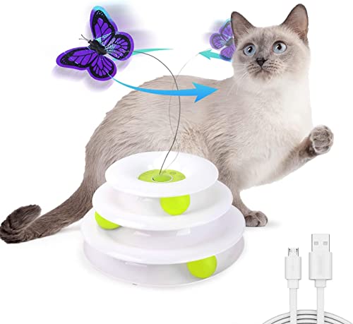 ALL FOR PAWS 2 in 1 Interactive Cat Tower Butterfly Toy, Automatic Cat Butterfly Flutter Bug Toy, Cat Enrichment Ball Track Smart Kitten Toys, Interactive Cat Toy with 360°Rotating Butterfly, USB von ALL FOR PAWS