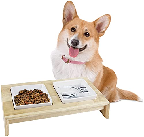 ALL FOR PAWS Erhöhter Futterspender für Haustiere, doppelt erhöht, Keramik-Hundenapf mit Holzrahmen (M (2 x 400 ml) von ALL FOR PAWS
