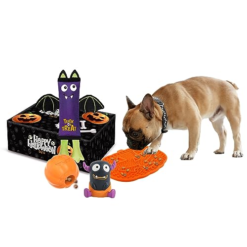 ALL FOR PAWS Halloween-Hundespielzeug, 4-teiliges langlebiges Hundespielzeug-Set, enthält quietschendes Hundespielzeug, Leckmatte für Hunde, Leckerli-Ball, Latex-Spielzeug für Hunde von ALL FOR PAWS