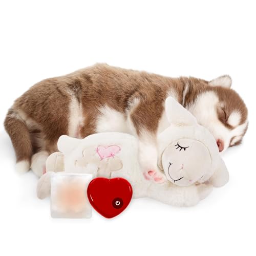 All for Paws Welpen-Herzschlag-Spielzeug, Plüschtier mit Herzschlag, Kuschelschaf zur Trennung, Angstlinderung, Verhaltenshilfe für Haustiere, Stofftiere (weißes Schaf mit Herzschlag + warme Tasche) von ALL FOR PAWS
