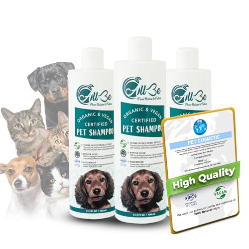 Hundeshampoo 3x400 ml – Bio 4-in-1 Shampoo für Hunde & Katzen – vegan & natürlich – gegen Juckreiz, Trockenheit & Geruch – Rosenwasser, Thymian, Fenchel – beruhigende Pflege von ALLBE