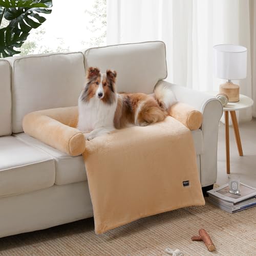 ALLISANDRO Wasserdichtes Hundebett mit abnehmbarem waschbarem Bezug aus Kunstpelz als Möbelschutz für kleine, mittelgroße und große Hunde und Katzen, Hellbraun von ALLISANDRO