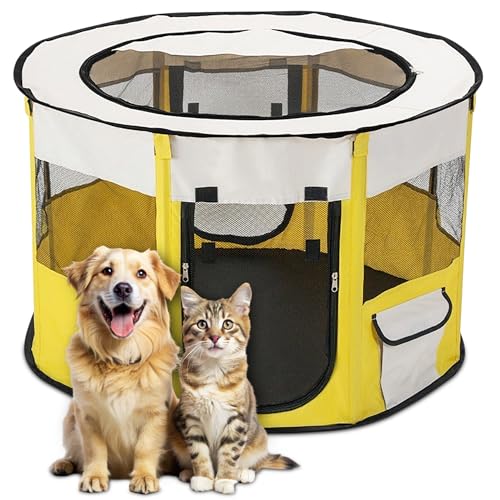 ALLSOPETS Faltbarer Haustierstall Tragbarer Katzen Laufstall Hunde Zelt Hundekäfig für Hund Welpe Freigehege Hundebox Kaninchen Zwinger mit Tragbar Handtasche (Gelb, L) von ALLSOPETS