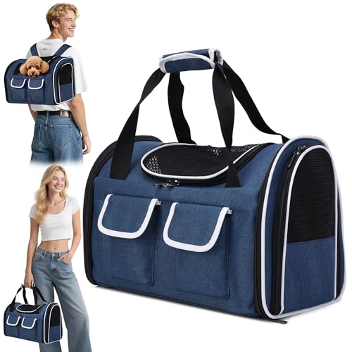 ALLSOPETS Faltbarer Katzenrucksack für große Katzen & kleine Hunde, Atmungsaktive Hundetragetasche mit herausnehmbarem Kissen & Taschen, Haustiertasche bis 10kg (Indigoblau, M) von ALLSOPETS