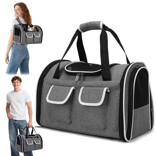 ALLSOPETS Faltbarer Katzenrucksack für große Katzen & kleine Hunde, Atmungsaktive Hundetragetasche mit herausnehmbarem Kissen & Taschen, Haustiertasche bis 10kg (Steingrau, L) von ALLSOPETS